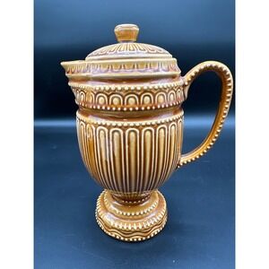 Vintage Harvest Gold Pedestal Pitcher Ribbed Ceramic Lidded Retro Kitchen Decor